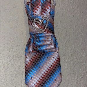 Hand Crafted Blue, Brown & Silver Patterned Women's Neck Scarf with Heart Brooch